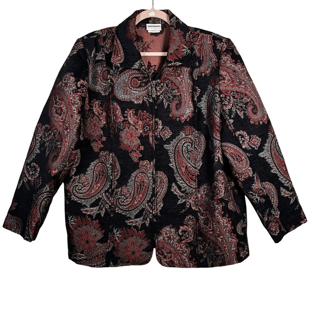 Vintage BonWorth Red Black Paisley Tapestry Zip Up Jacket L Grannycore Textured